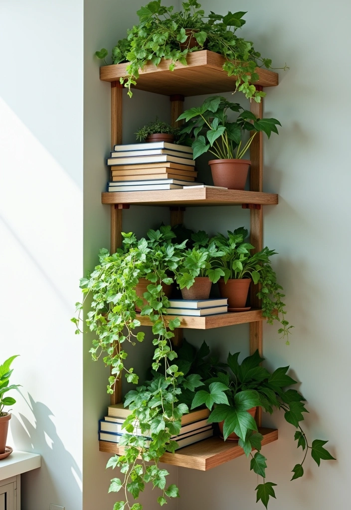 26 Corner Bookshelf Ideas That Will Transform Your Space! - 9. Vertical Garden Corner Shelf