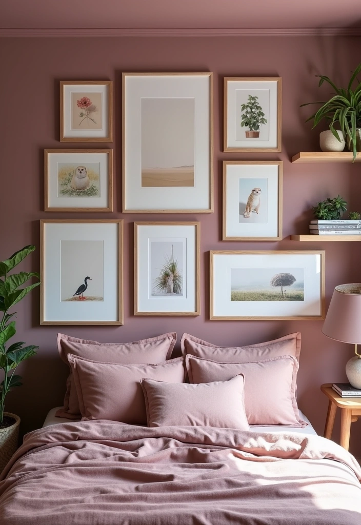 26 Mauve Bedroom Ideas That'll Transform Your Space into a Dreamy Retreat! - 11. Eclectic Mauve Gallery Wall