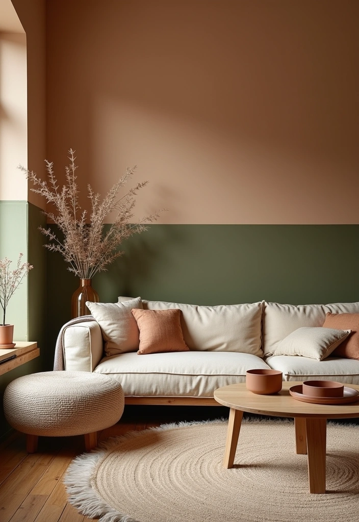 26 Two-Tone Paint Ideas to Elevate Any Room (You Won't Believe #15!) - 18. Earthy Olive and Soft Peach