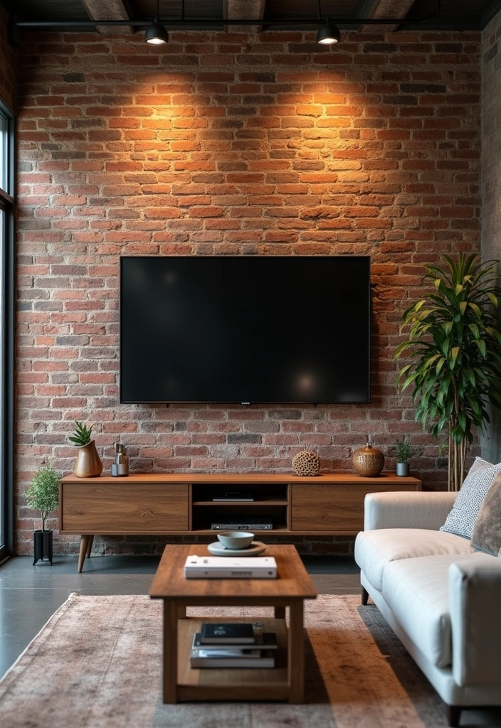 28 Modern Living Room TV Wall Ideas That'll Make You Rethink Your Space! - 3. Industrial Chic with Exposed Brick