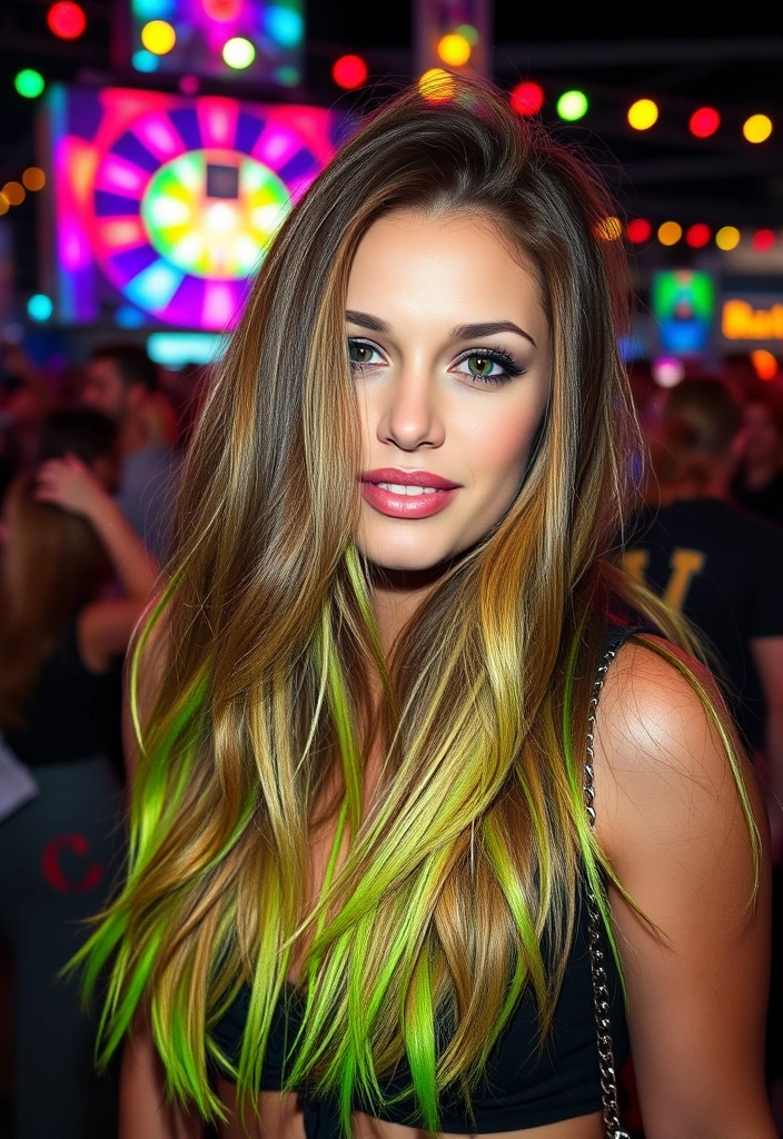 15 Sassy Hairstyles With Streaky Highlights That'll Turn Heads! - 7. Neon Green Tips on Long Layers