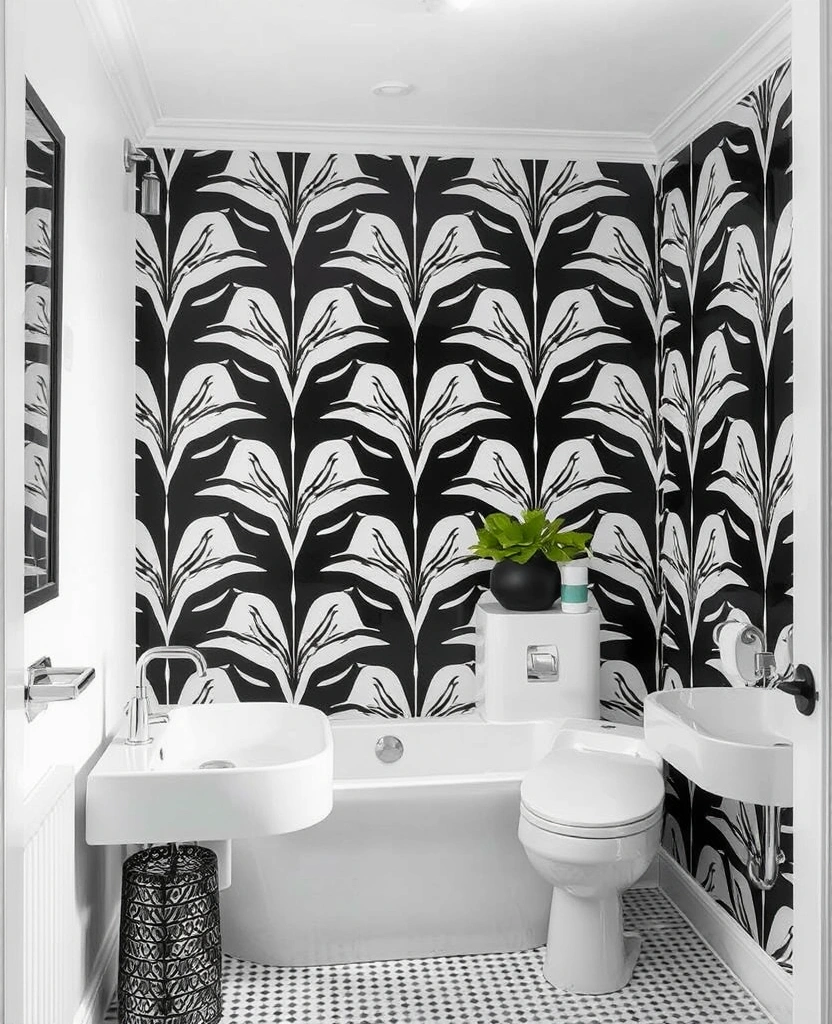 26 Stunning Black And White Bathroom Designs That Will Leave You Speechless! - 25. Monochrome Wallpaper