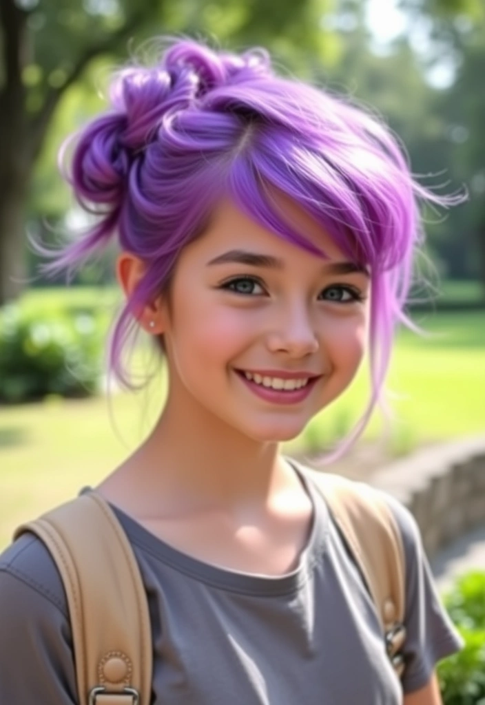 21 Vibrant Hairstyles for Purple Hair That'll Turn Heads Everywhere! - 10. Half-Up Purple Bun