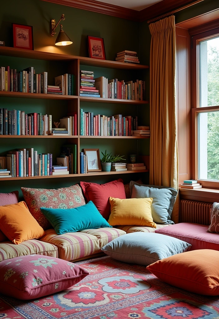 25 Cozy Reading Nook Ideas That'll Make You Want to Curl Up with a Book! - 6. Floor Cushions and Rugs