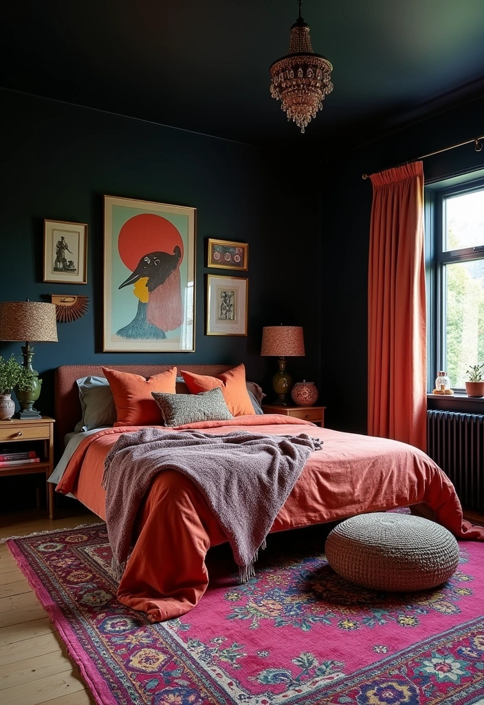 24 Unique Dark Boho Bedroom Inspirations That Will Transform Your Space! - 8. Dark Tones with Bright Accents