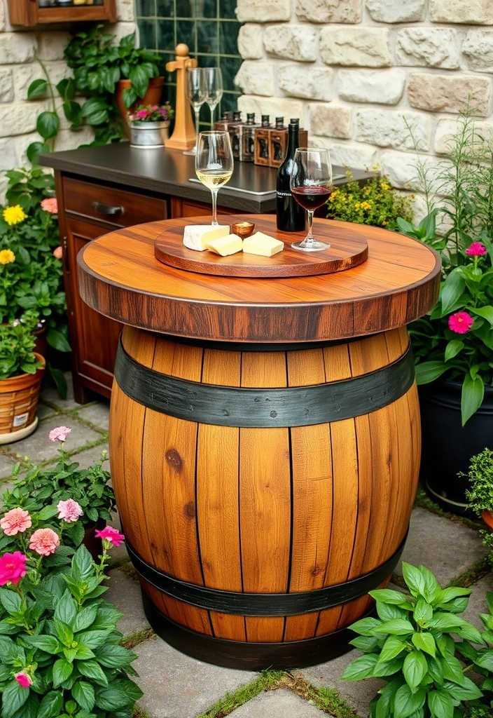 24 Cheap Outdoor Kitchen Ideas That Will Transform Your Backyard into a Culinary Paradise! - 3. Upcycled Wine Barrel Table