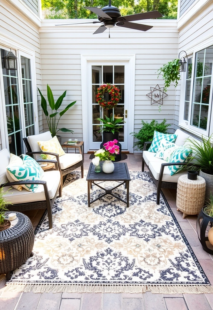 22 Cozy Patio Ideas That Will Transform Your Outdoor Space into a Relaxation Oasis! - 6. Outdoor Rugs for Comfort and Style