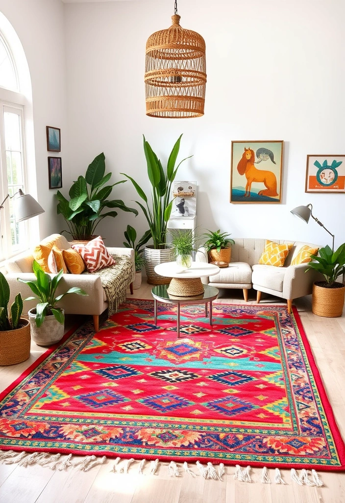 23 Inspiring Boho Living Room Ideas That Will Transform Your Space! - 19. Colorful Area Rugs