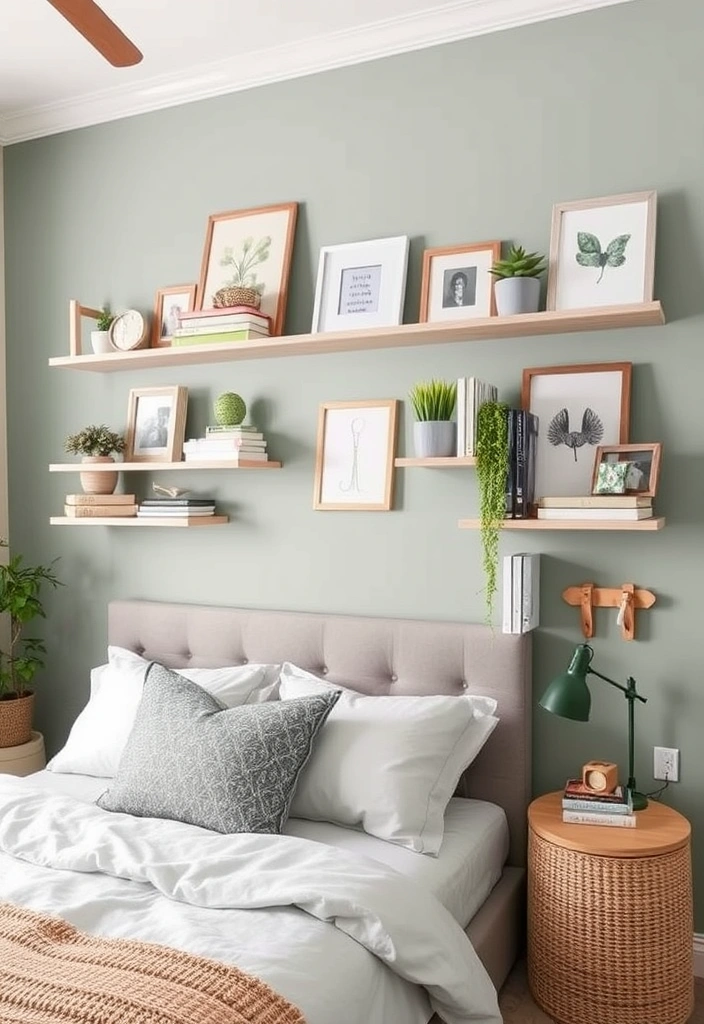 28 Stunning Sage Green and Grey Bedroom Ideas That Will Transform Your Space! - 11. Wall-Mounted Shelving