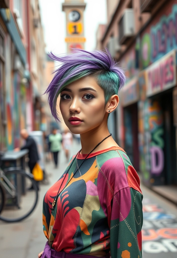 21 Vibrant Hairstyles for Purple Hair That'll Turn Heads Everywhere! - 15. Funky Purple and Green Combo