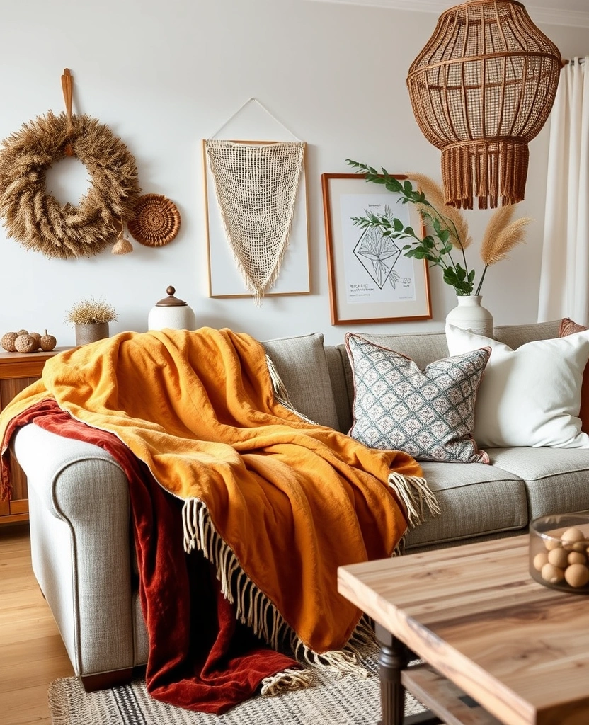 23 Inspiring Boho Living Room Ideas That Will Transform Your Space! - 24. Cozy Textiles for Every Season