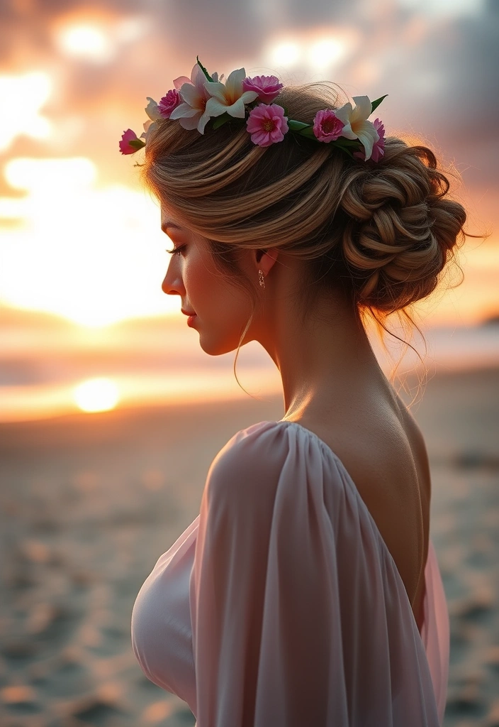 24 Sun-Kissed Beach Hairstyles to Rock This Summer (You Won't Believe #10!) - 15. Flower Crown Updo