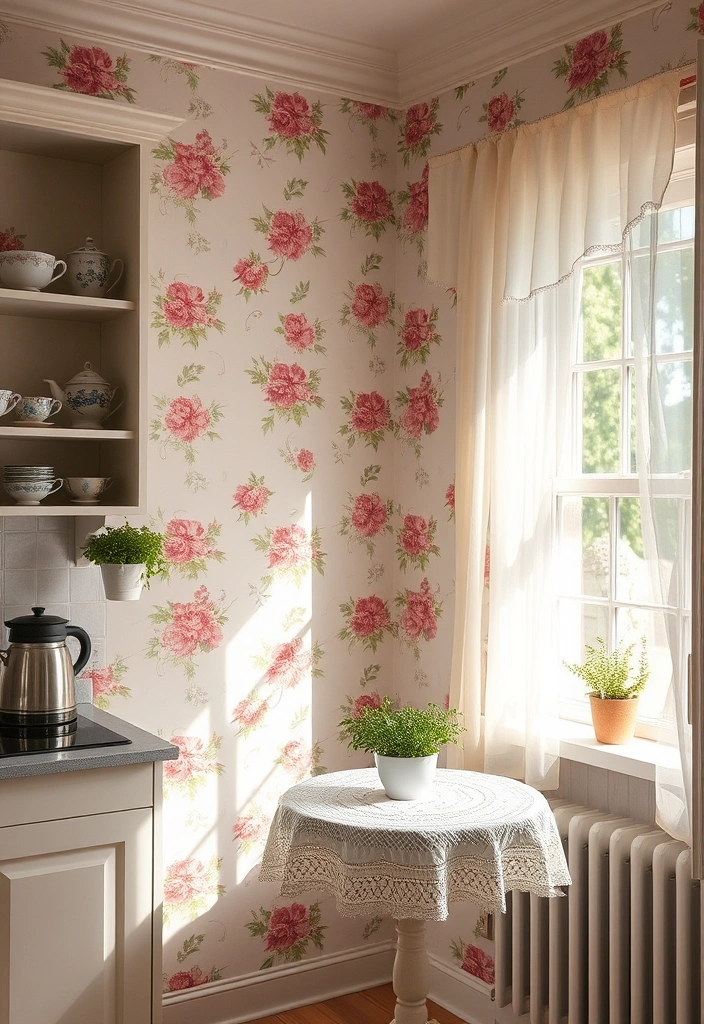 23 Cottagecore Kitchen Designs That Will Make You Feel Like You’re in a Fairytale! - 1. Vintage Floral Wallpaper