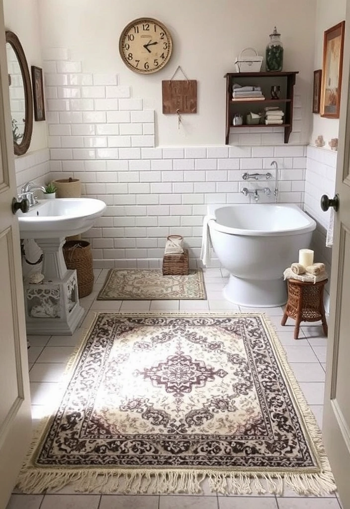 25 Moody Vintage Bathroom Decor Ideas That'll Transform Your Space! - 16. Layered Rugs