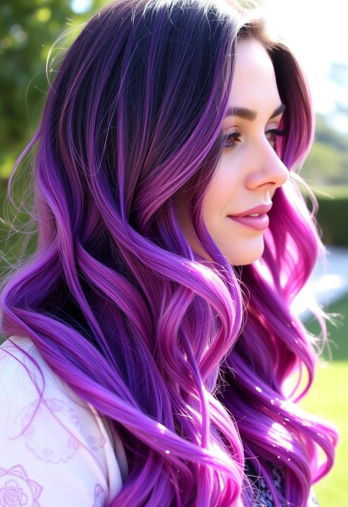 15 Sassy Hairstyles With Streaky Highlights That'll Turn Heads! - 1. Bold Purple Ombre Waves