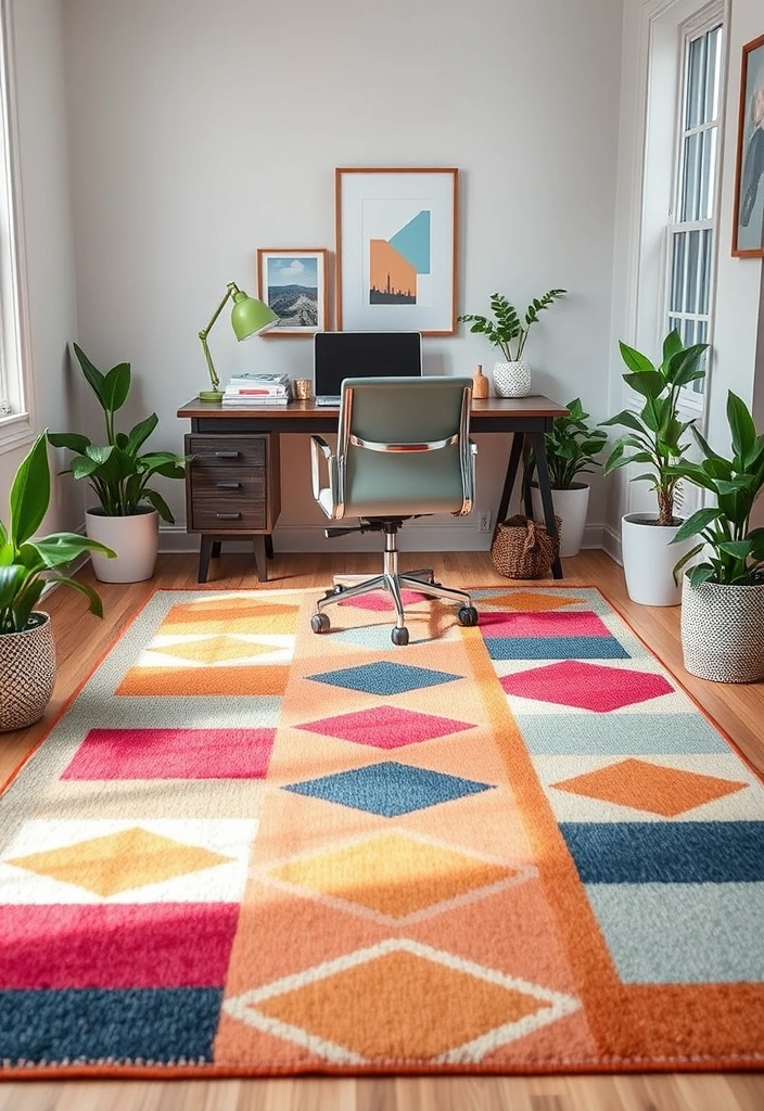 27 Office Decorations Ideas That'll Transform Your Workspace into a Creative Haven! - 13. Colorful Area Rugs