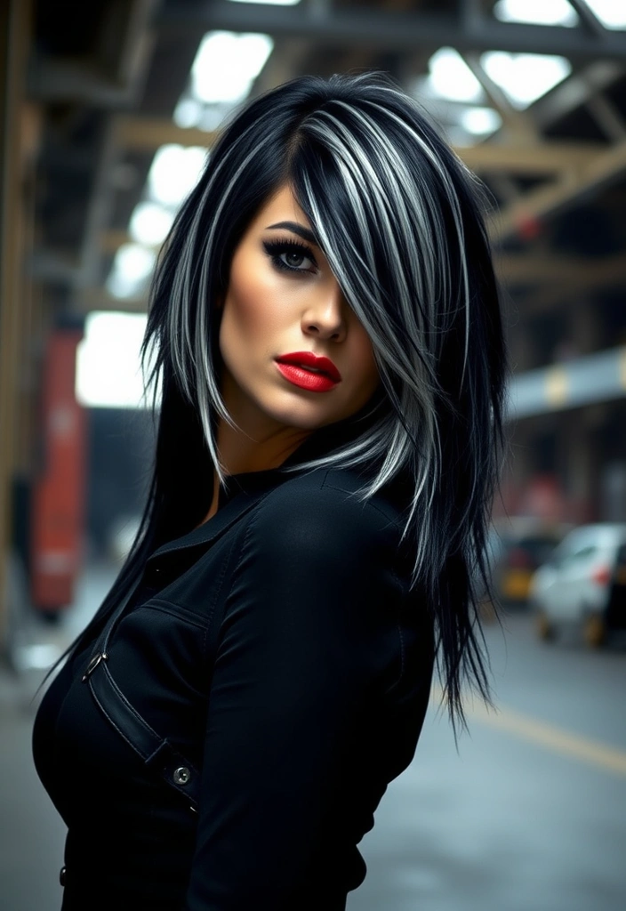 15 Sassy Hairstyles With Streaky Highlights That'll Turn Heads! - 4. Edgy Silver Streaks on Black Hair