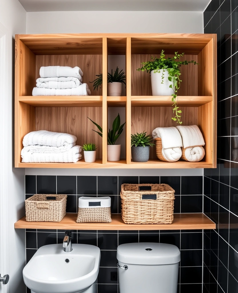 26 Stunning Black And White Bathroom Designs That Will Leave You Speechless! - 20. Open Shelving