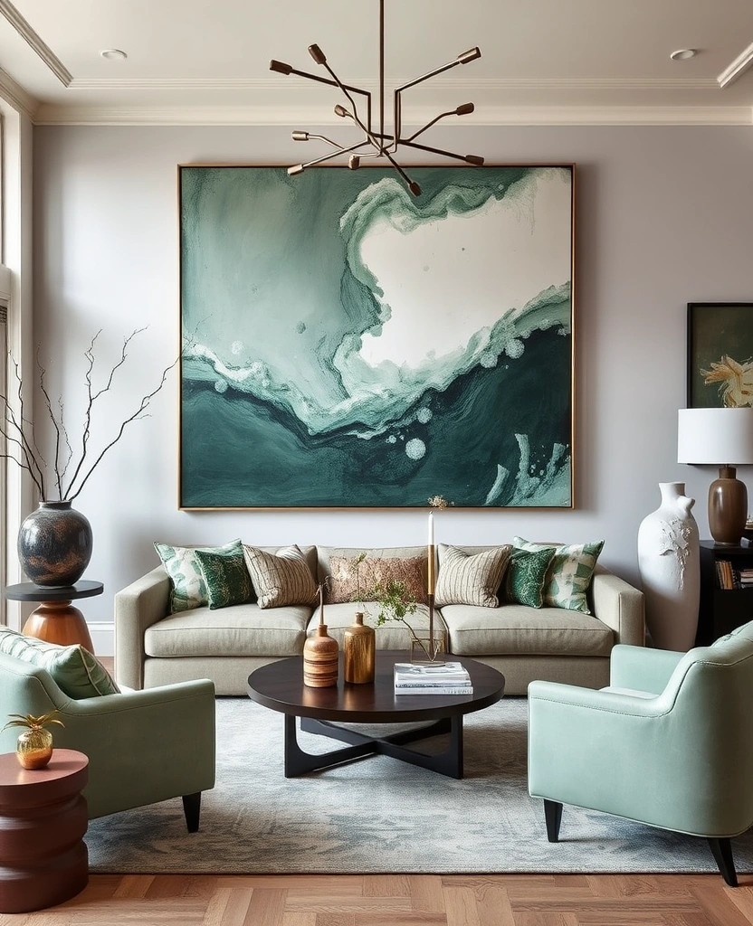 27 Sage Green Living Room Ideas That'll Make You Fall in Love with Your Space! - 30. Artistic Expression