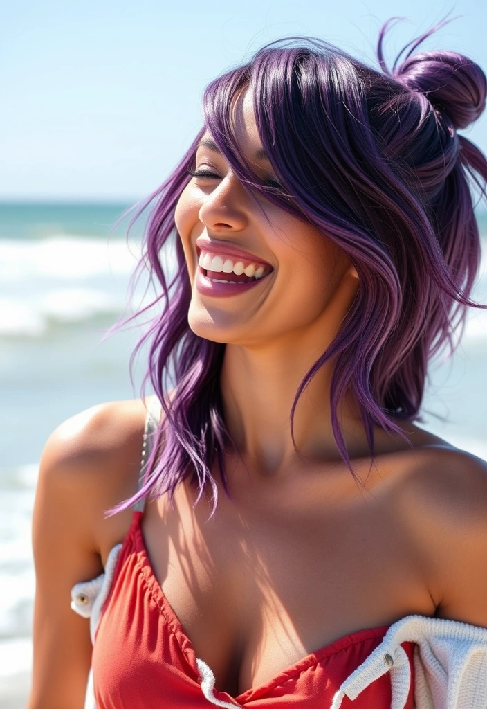 21 Vibrant Hairstyles for Purple Hair That'll Turn Heads Everywhere! - 16. Textured Purple Waves