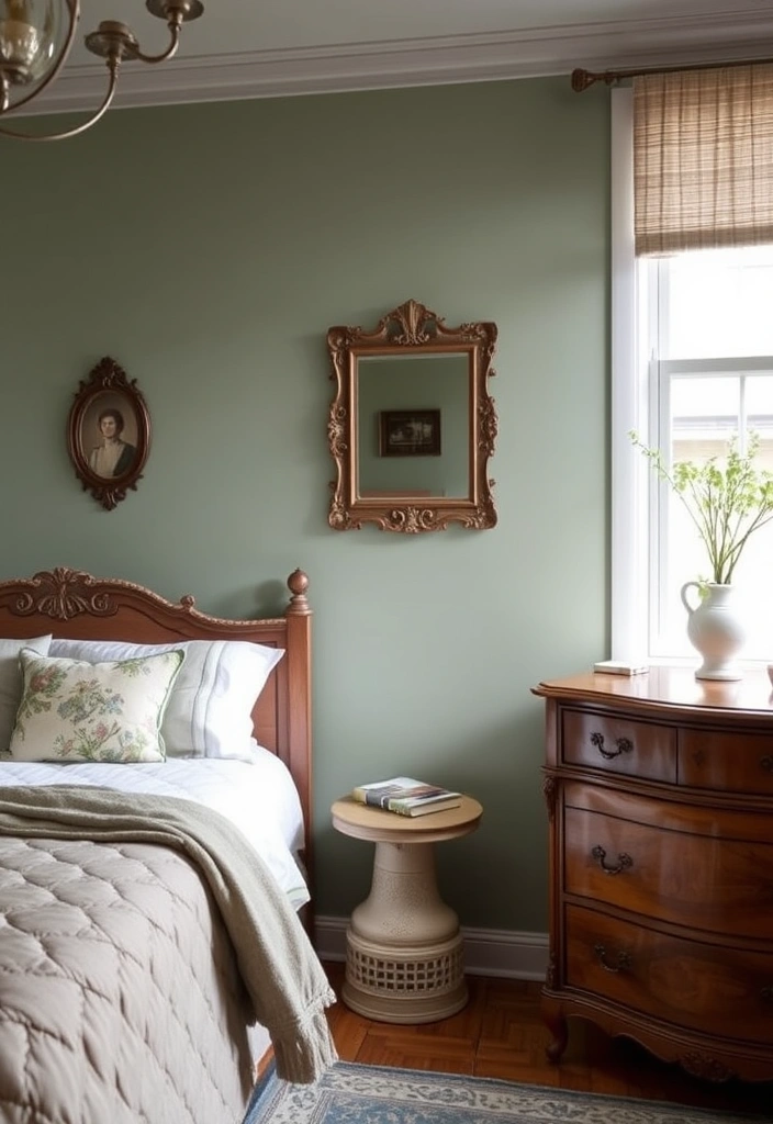 28 Stunning Sage Green and Grey Bedroom Ideas That Will Transform Your Space! - 19. Vintage Accents