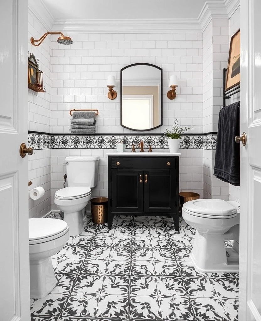 26 Stunning Black And White Bathroom Designs That Will Leave You Speechless! - 23. Vintage Floor Tiles