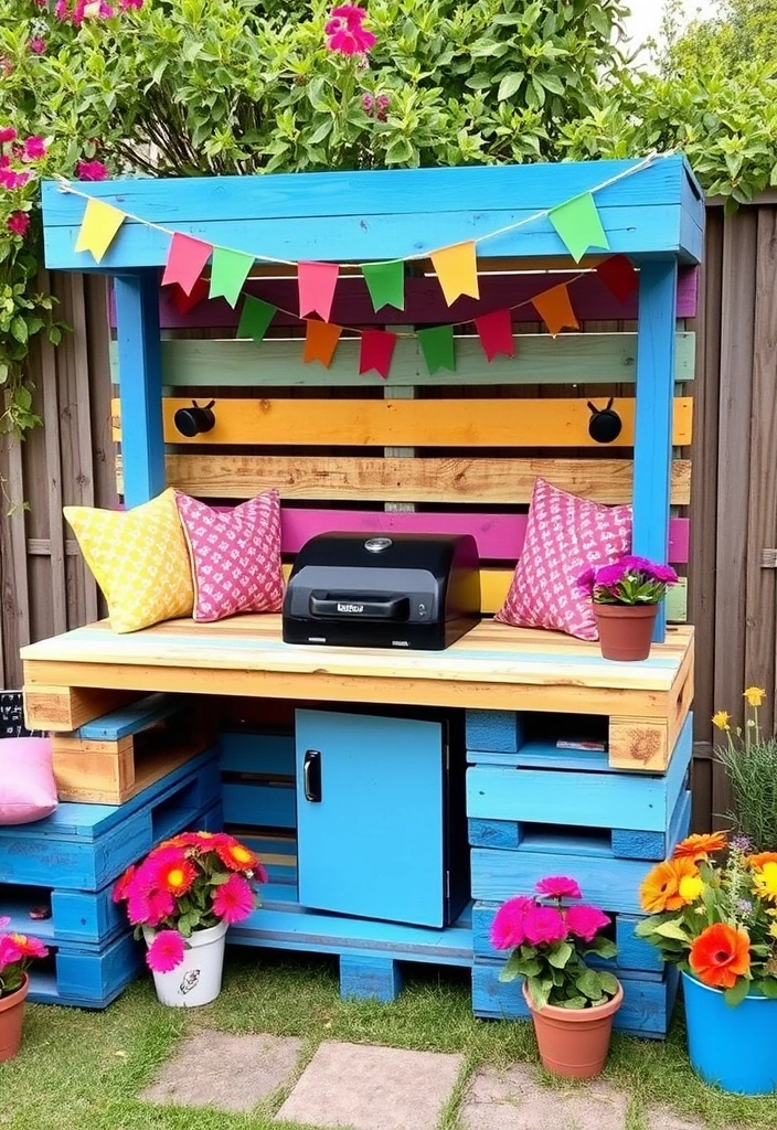 22 Best Outdoor Grill Station Ideas That'll Make You the BBQ King or Queen! - 13. Colorful Pallet Grill Station