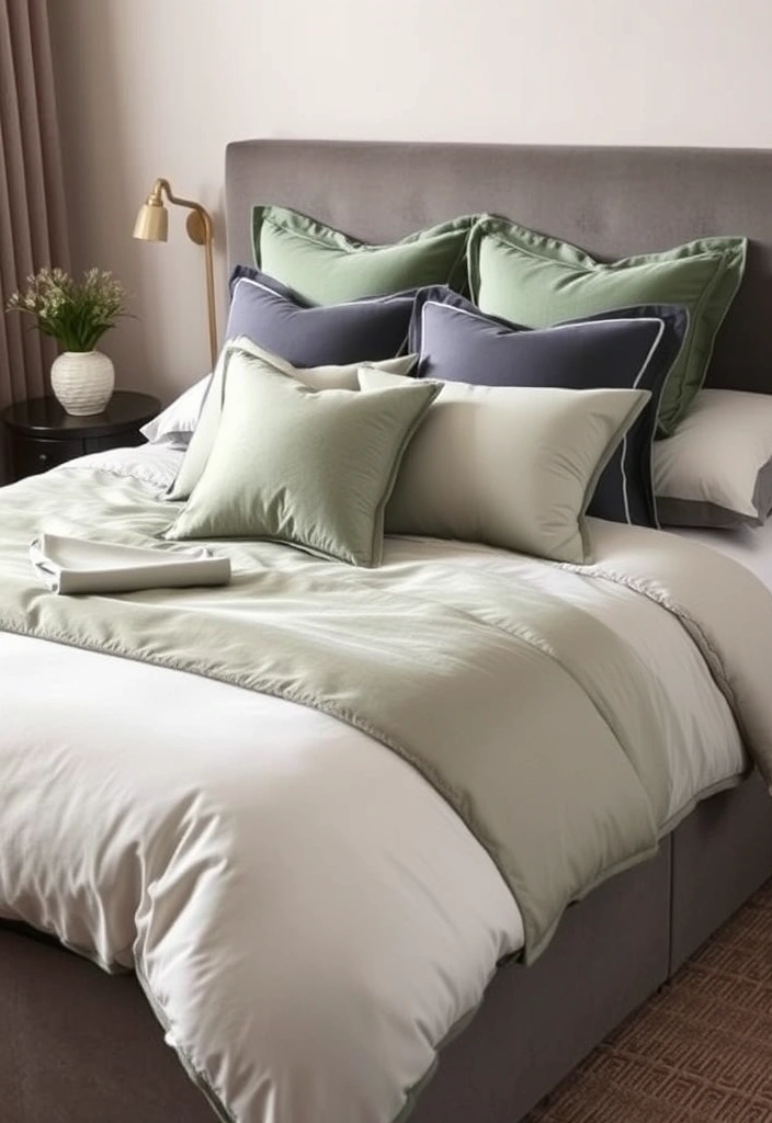 28 Stunning Sage Green and Grey Bedroom Ideas That Will Transform Your Space! - 13. Elegant Bedding Sets