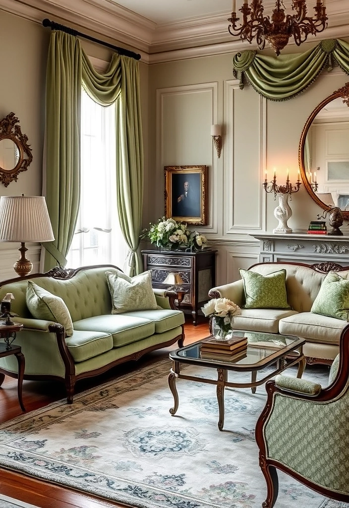 27 Sage Green Living Room Ideas That'll Make You Fall in Love with Your Space! - 20. Timeless Elegance