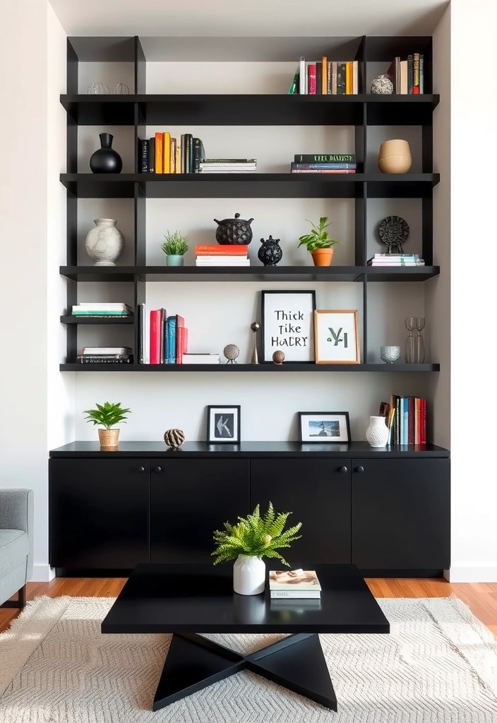 21 Elegant Built-In Shelves Ideas For The Living Room (You Won't Believe #11!) - 8. Sleek Black Built-Ins