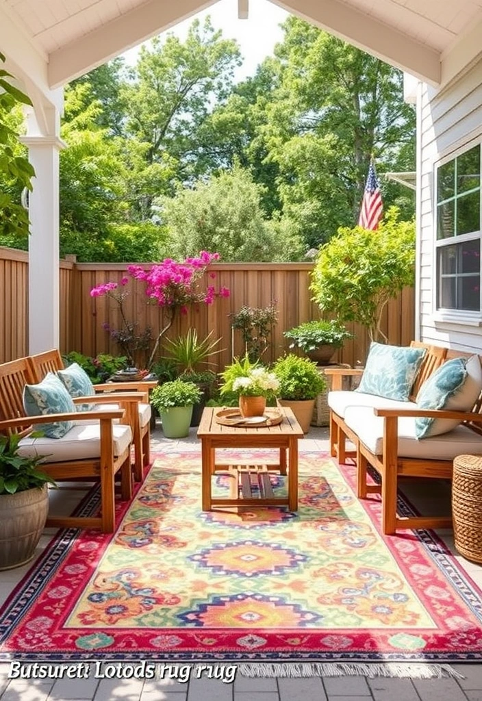 20 Stunning Back Patio Ideas on a Budget That Will Transform Your Outdoor Space! - 5. Colorful Outdoor Rugs