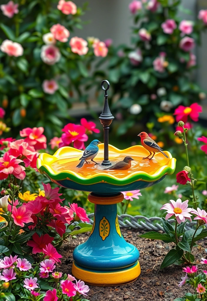 25 DIY Yard Art Ideas That'll Transform Your Garden into a Masterpiece! - 18. Brightly Colored Birdbaths