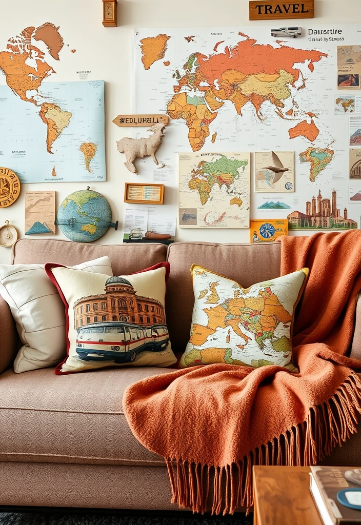 20 Chic & Cozy Throw Pillows and Blankets Ideas You Need Right Now! - 13. Travel-Inspired Decor