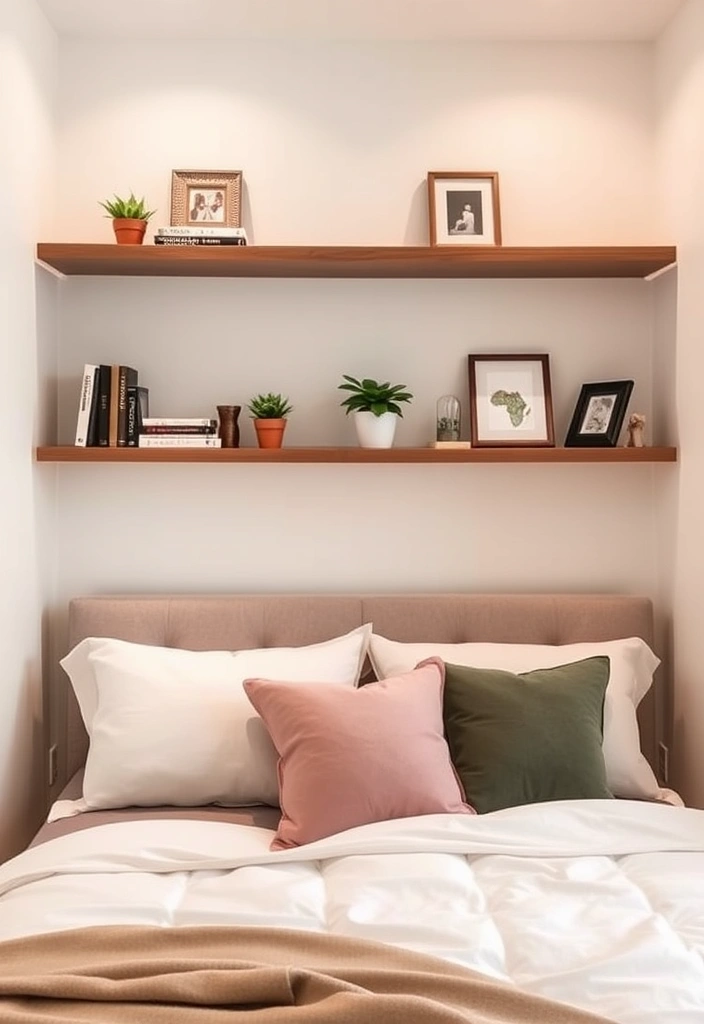 25 Charming Small Bedroom Decor Ideas for Women That Will Transform Your Space! - 1. Utilize Vertical Space with Floating Shelves