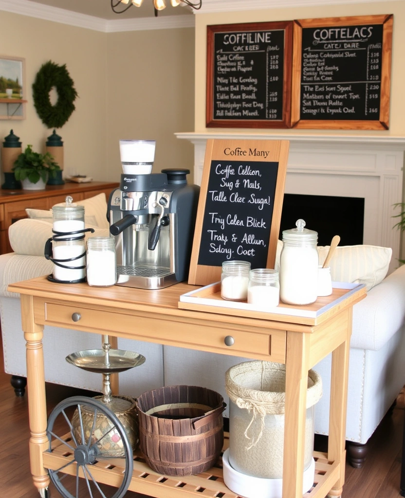 22 Charming Farmhouse Living Room Ideas That Will Steal Your Heart! - 17. Farmhouse-Style Coffee Bar