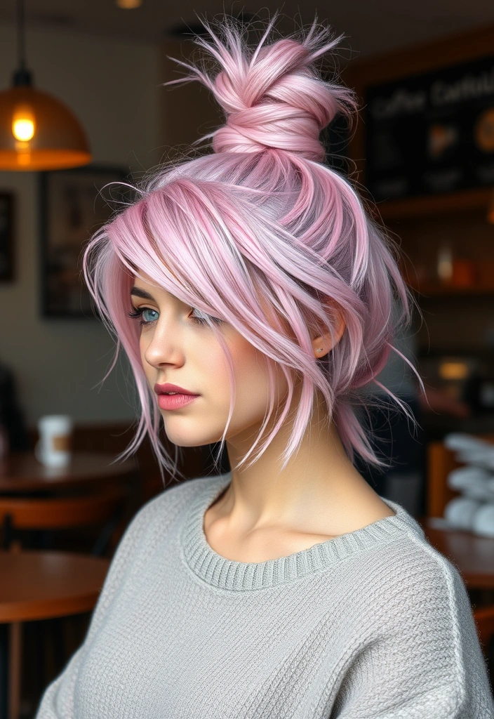 22 Sexy Hairstyles for Pink Hair That'll Turn Heads Everywhere You Go! - 20. Laid-Back Messy Bun