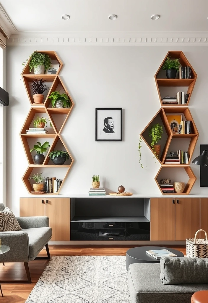 21 Elegant Built-In Shelves Ideas For The Living Room (You Won't Believe #11!) - 16. Geometric Shelving Units