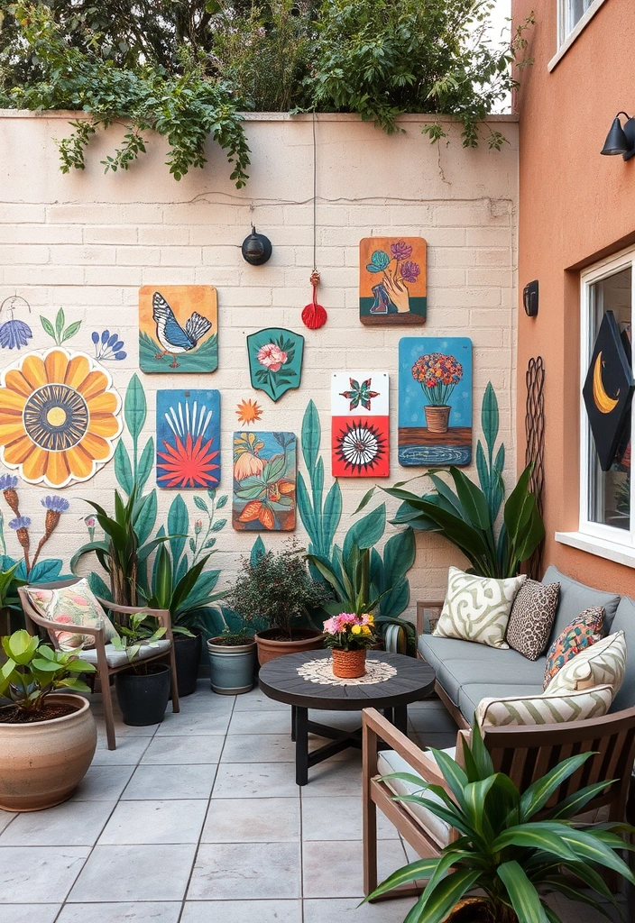 22 Cozy Patio Ideas That Will Transform Your Outdoor Space into a Relaxation Oasis! - 14. Artistic Wall Decor for a Personal Touch