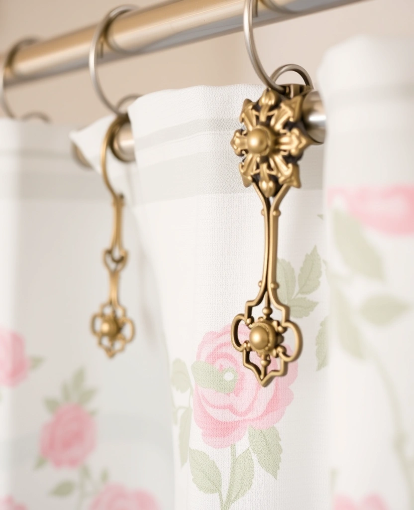 25 Moody Vintage Bathroom Decor Ideas That'll Transform Your Space! - 24. Vintage-Inspired Shower Curtain Hooks